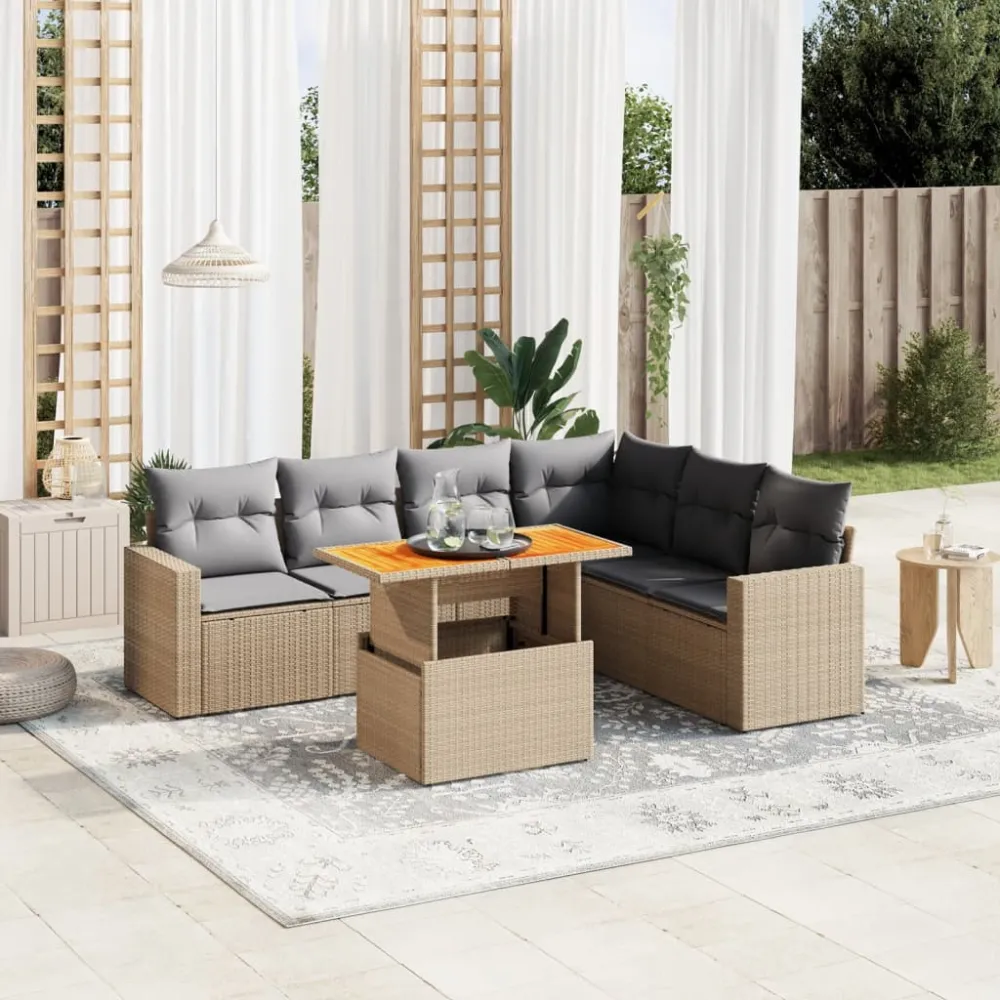 7-delige Loungeset met kussens poly rattan beige vidaXL