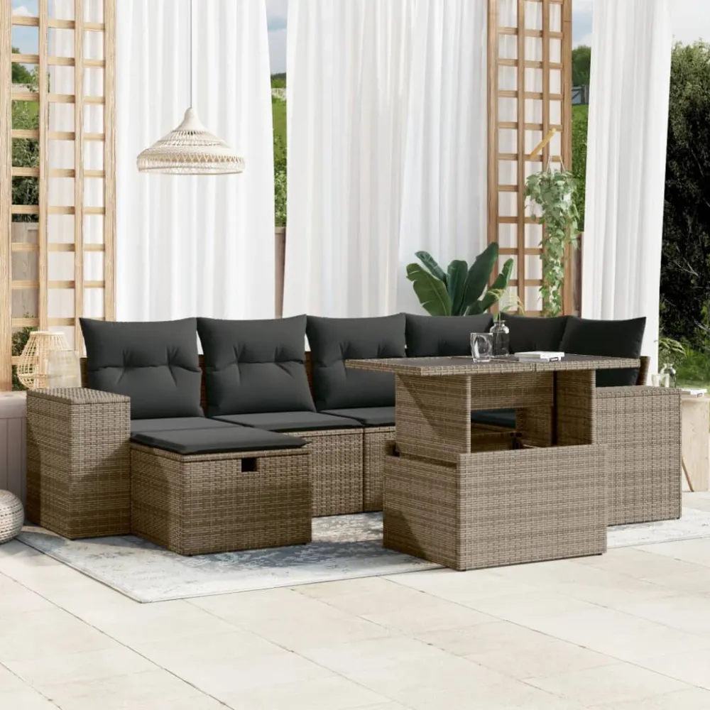 7-delige Loungeset met kussens poly rattan grijs vidaXL