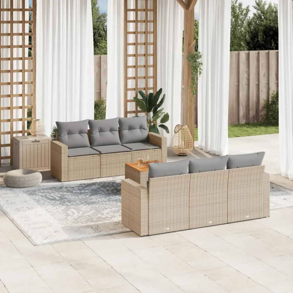 7-delige Loungeset met kussens poly rattan beige vidaXL
