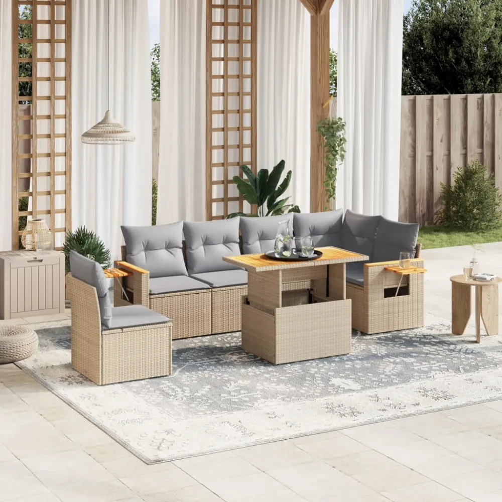 7-delige Loungeset met kussens poly rattan beige vidaXL