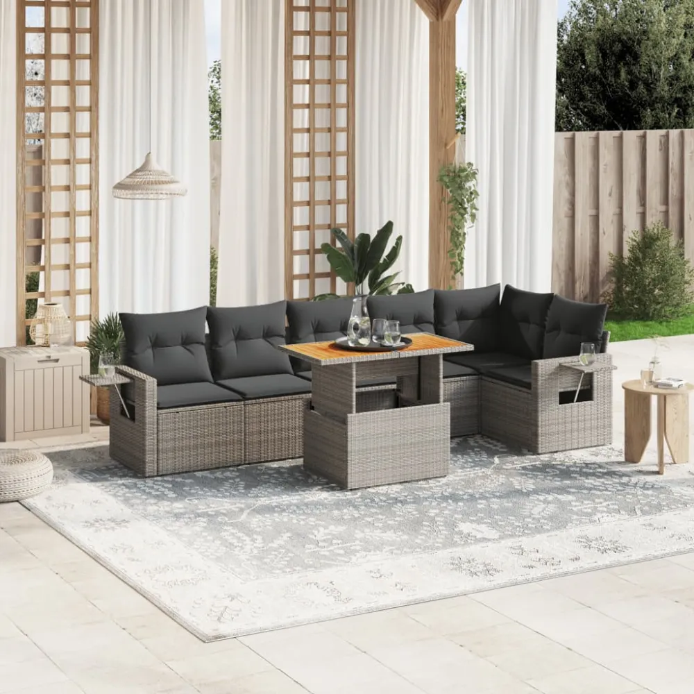7-delige Loungeset met kussens poly rattan grijs vidaXL