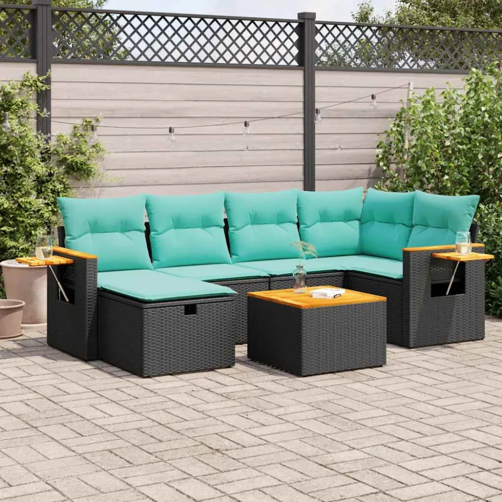 7-delige Loungeset met kussens poly rattan zwart vidaXL