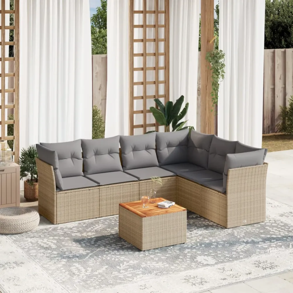 7-delige Loungeset met kussens poly rattan beige vidaXL