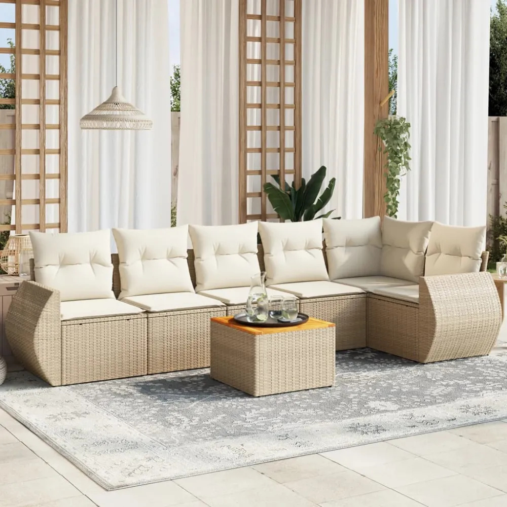 7-delige Loungeset met kussens poly rattan beige vidaXL