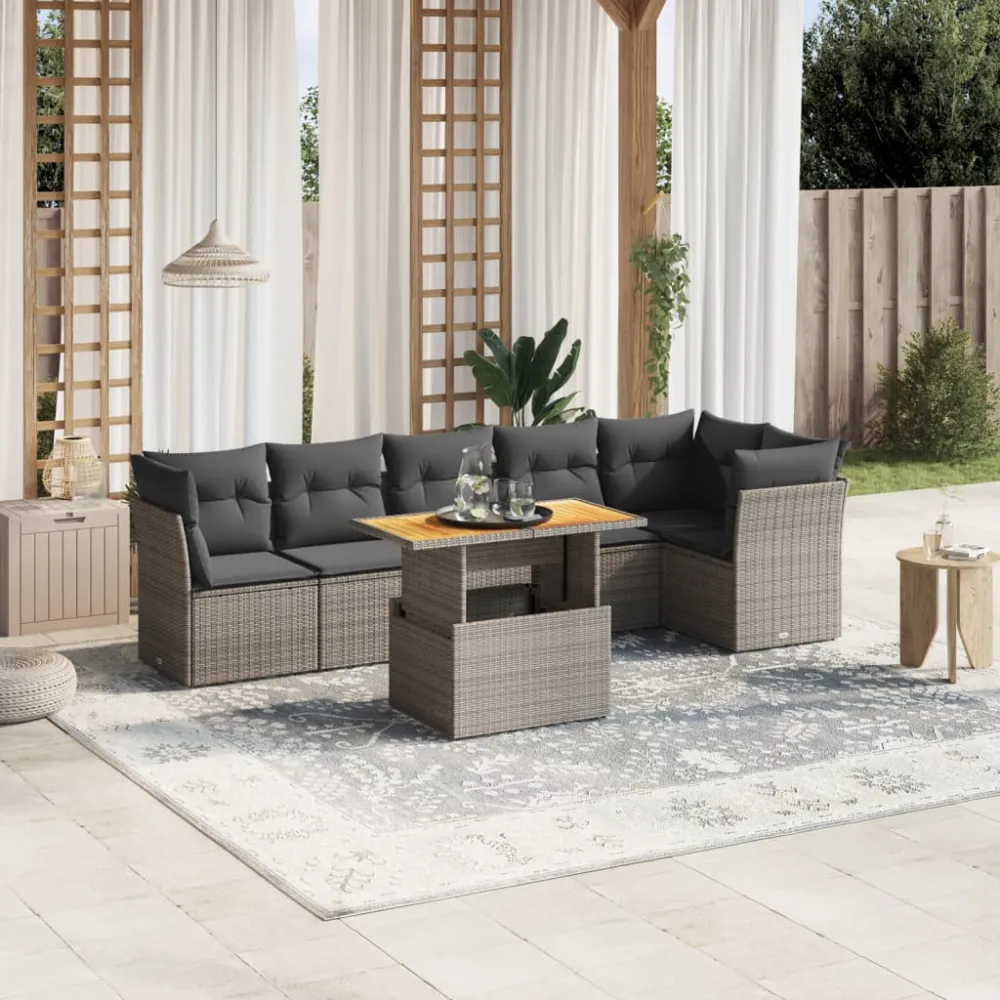 7-delige Loungeset met kussens poly rattan grijs vidaXL