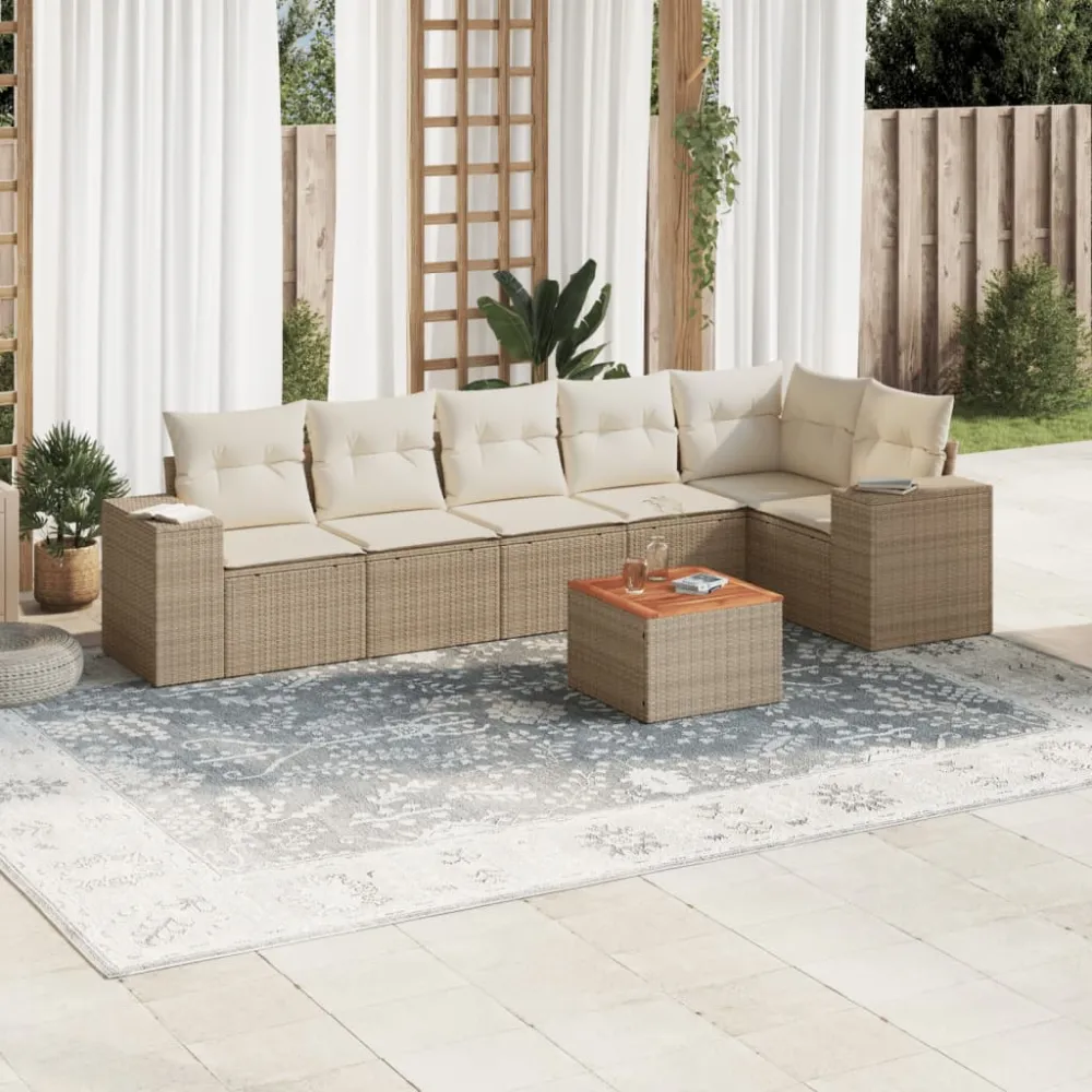 7-delige Loungeset met kussens poly rattan beige vidaXL