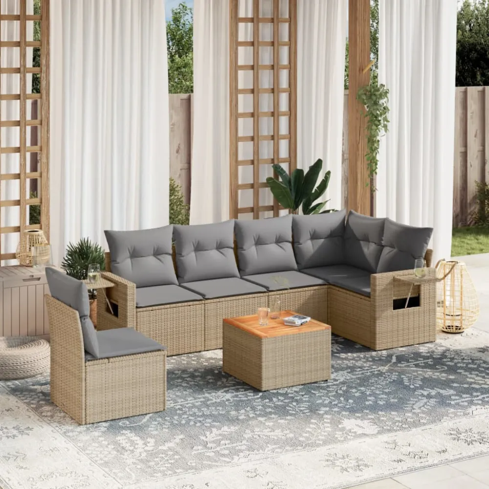 7-delige Loungeset met kussens poly rattan beige vidaXL