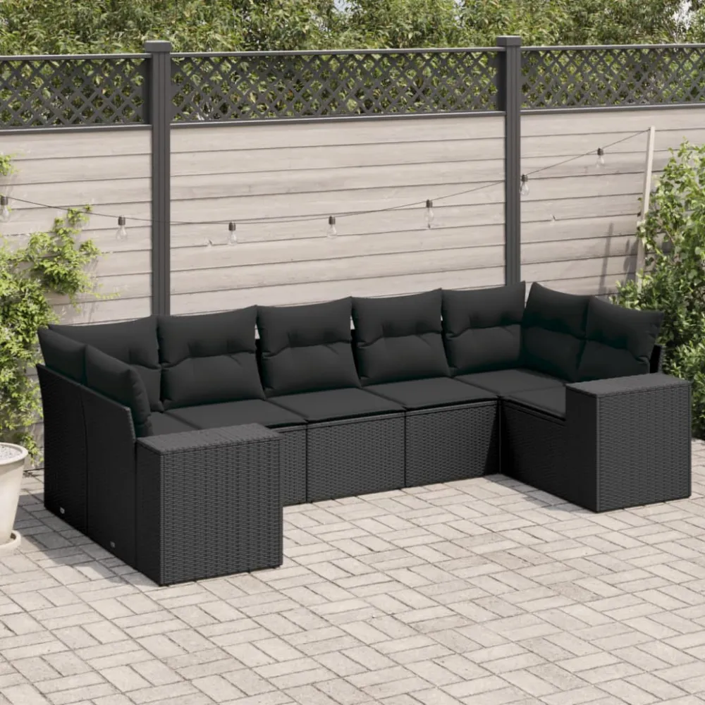 7-delige Loungeset met kussens poly rattan zwart vidaXL