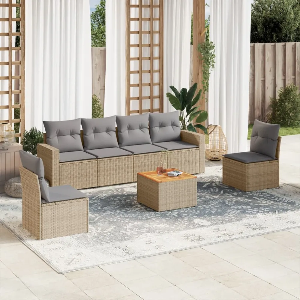 7-delige Loungeset met kussens poly rattan beige vidaXL