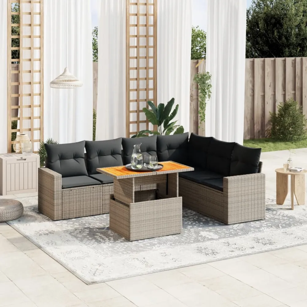 7-delige Loungeset met kussens poly rattan grijs vidaXL