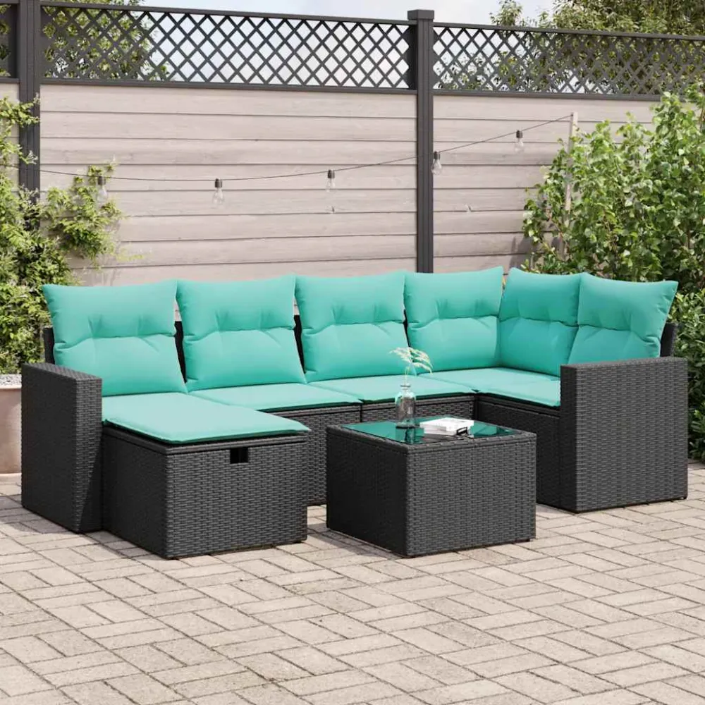 7-delige Loungeset met kussens poly rattan zwart vidaXL