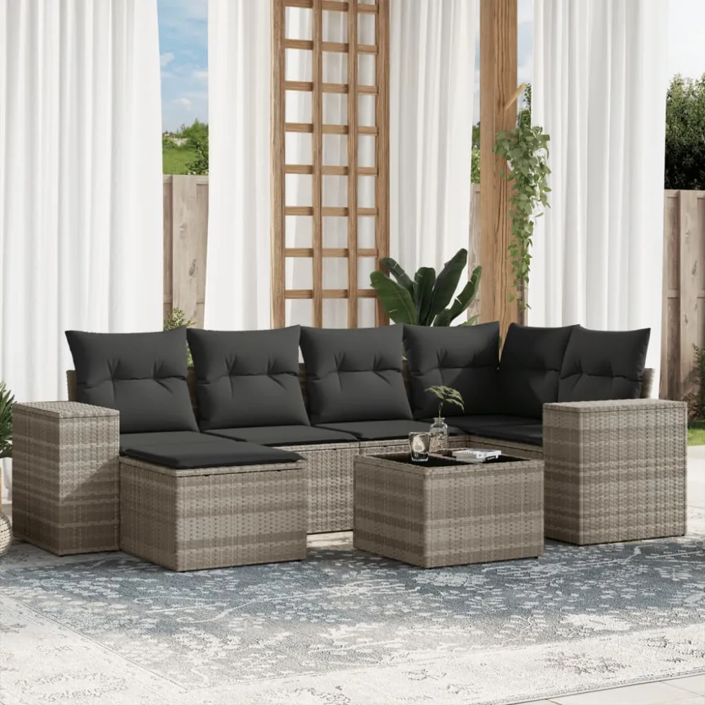 7-delige Loungeset met kussens poly rattan lichtgrijs vidaXL