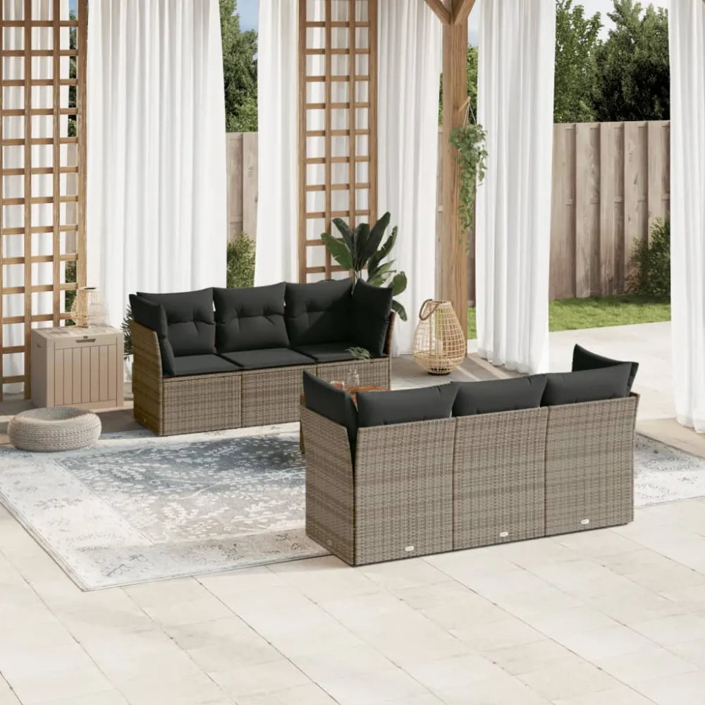 7-delige Loungeset met kussens poly rattan grijs vidaXL