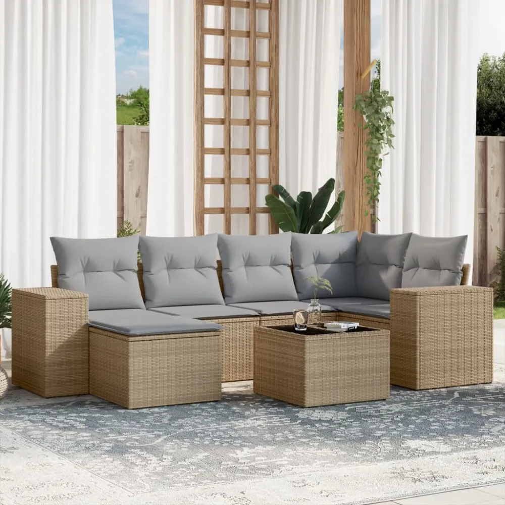 7-delige Loungeset met kussens poly rattan beige vidaXL