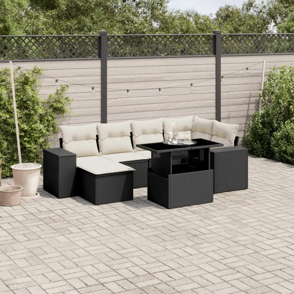 7-delige Loungeset met kussens poly rattan zwart vidaXL