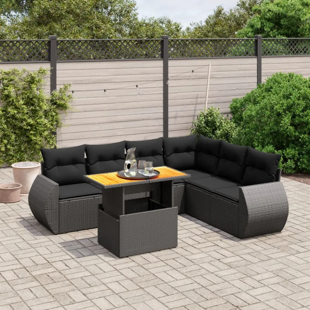 7-delige Loungeset met kussens poly rattan zwart vidaXL