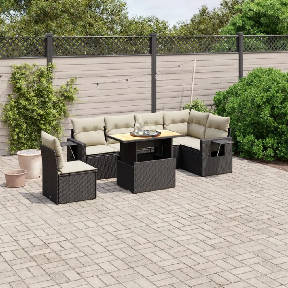7-delige Loungeset met kussens poly rattan zwart vidaXL