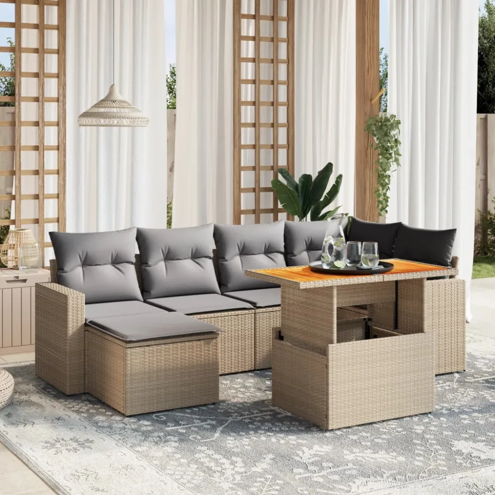 7-delige Loungeset met kussens poly rattan beige vidaXL