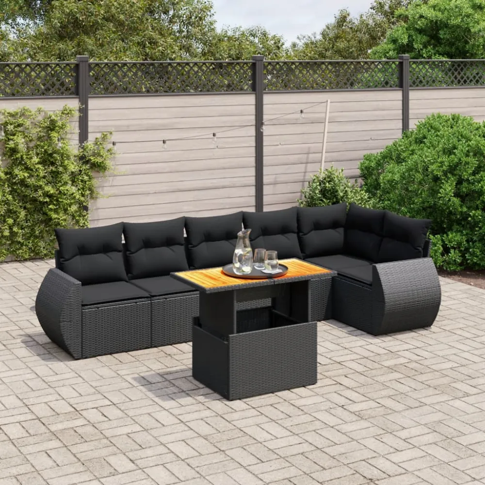 7-delige Loungeset met kussens poly rattan zwart vidaXL