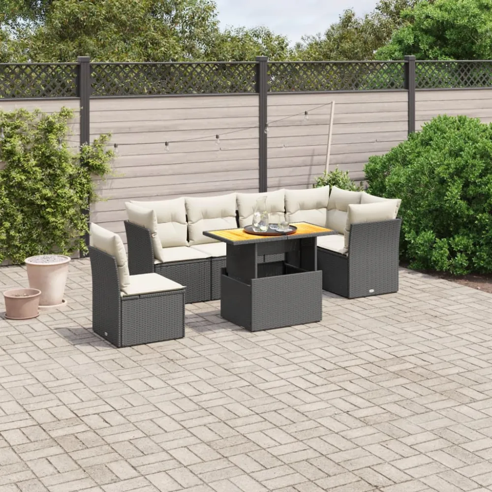 7-delige Loungeset met kussens poly rattan zwart vidaXL