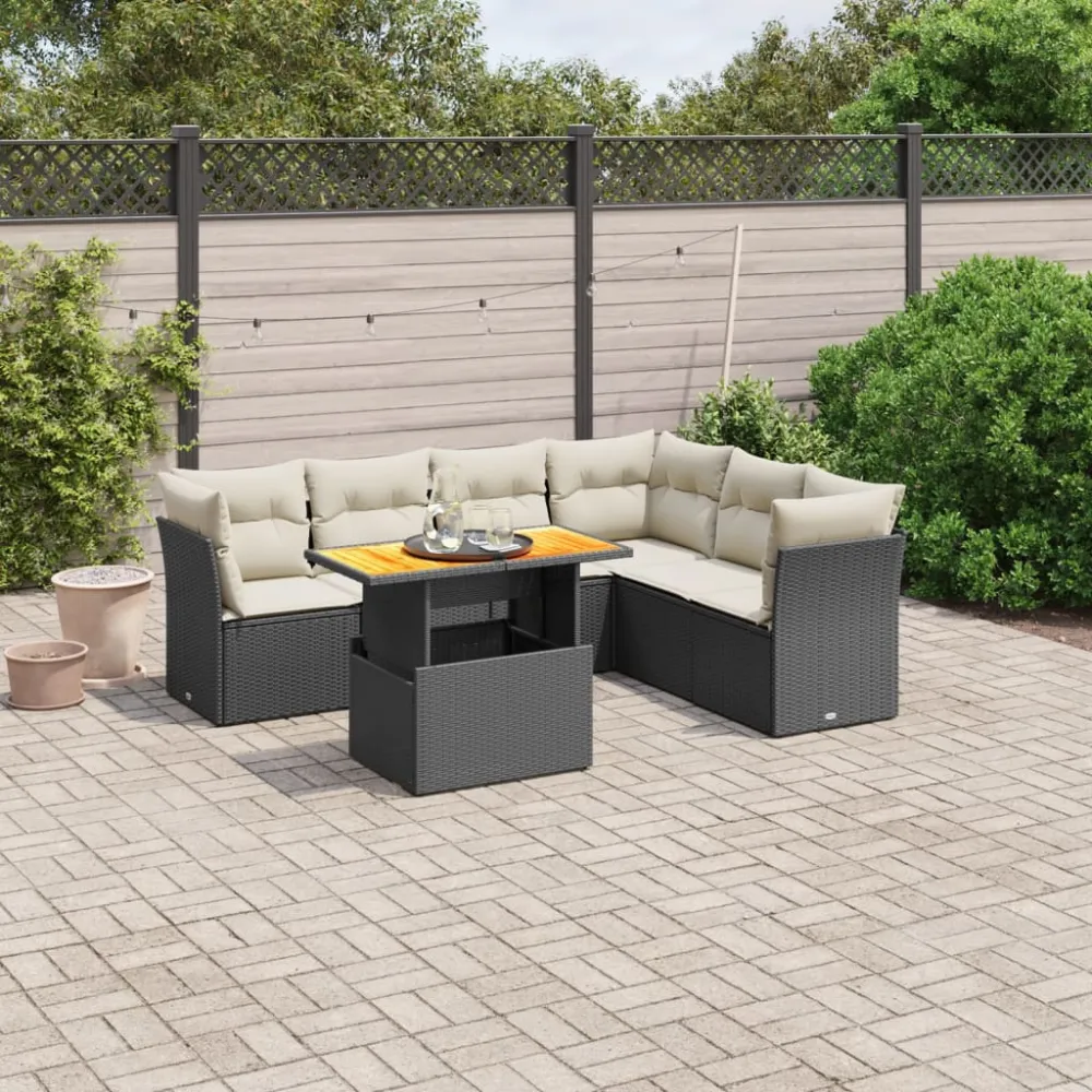 7-delige Loungeset met kussens poly rattan zwart vidaXL