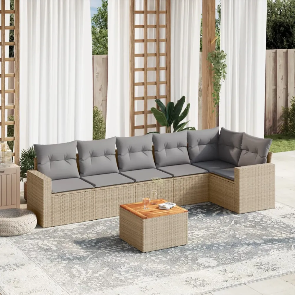 7-delige Loungeset met kussens poly rattan beige vidaXL