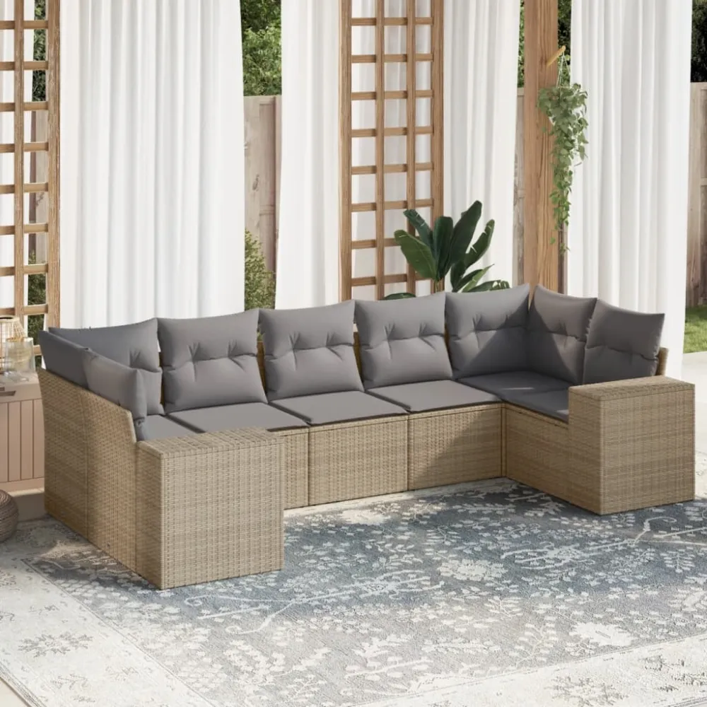 7-delige Loungeset met kussens poly rattan beige vidaXL