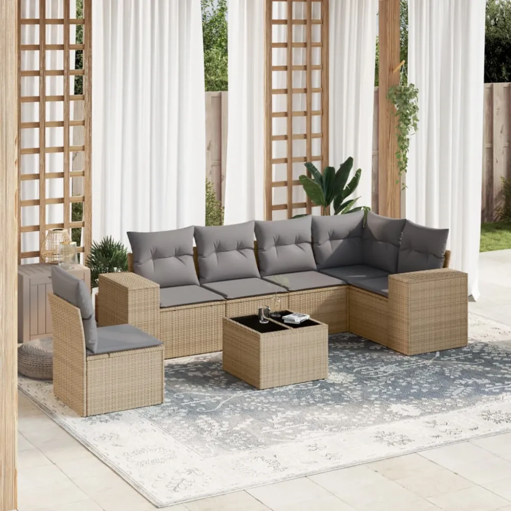 7-delige Loungeset met kussens poly rattan beige vidaXL