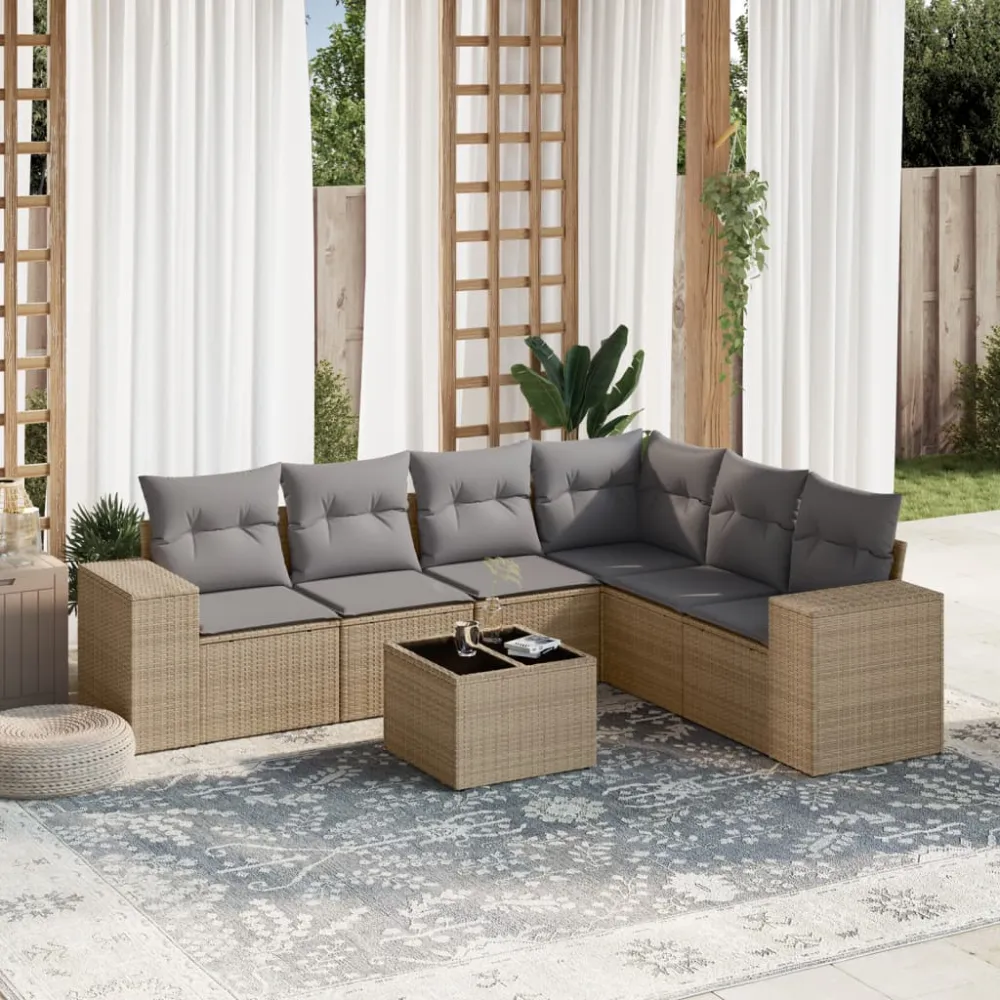 7-delige Loungeset met kussens poly rattan beige vidaXL