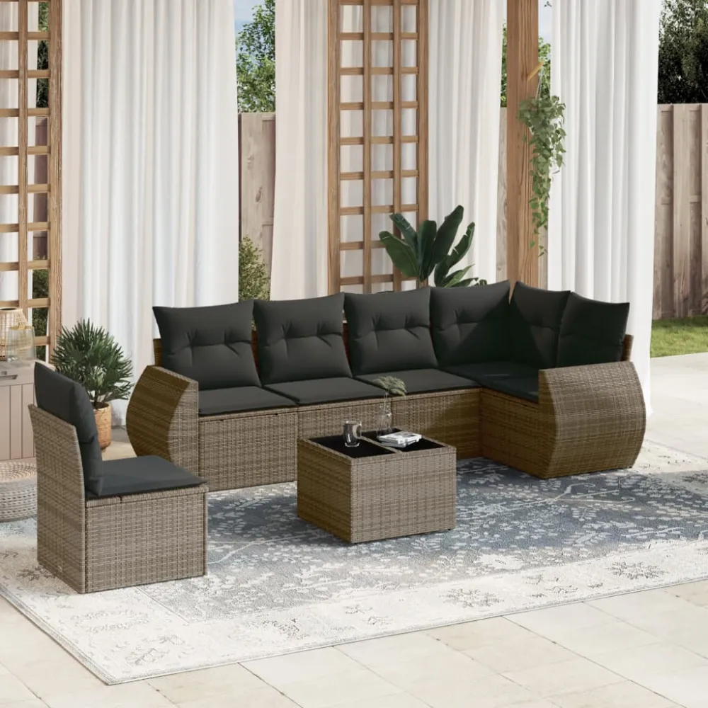 7-delige Loungeset met kussens poly rattan grijs vidaXL