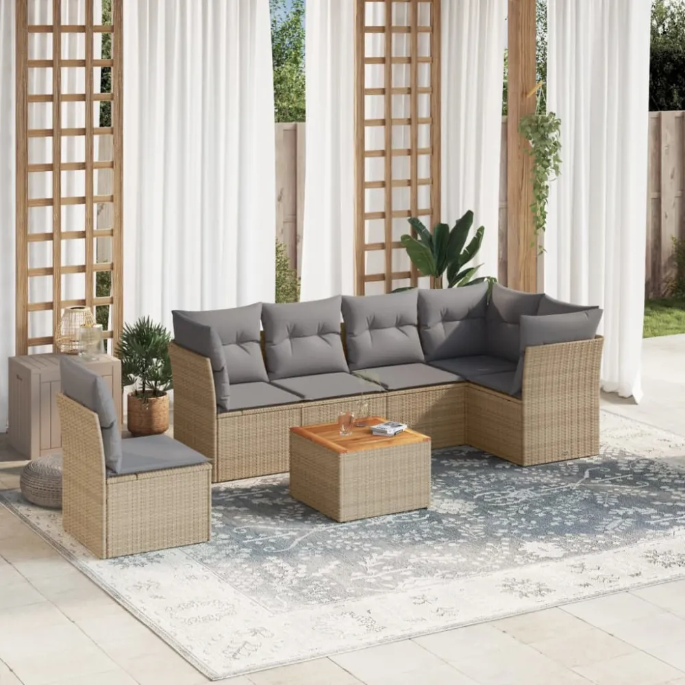 7-delige Loungeset met kussens poly rattan beige vidaXL