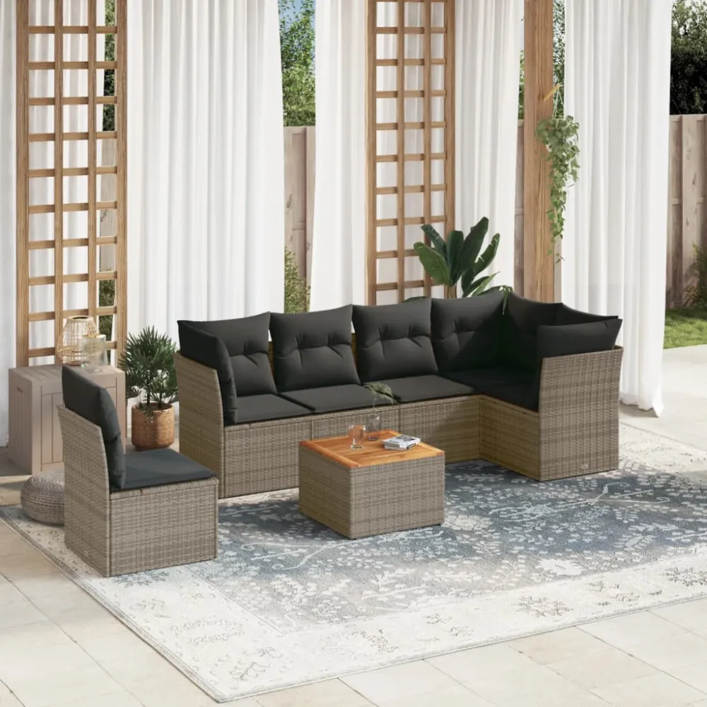 7-delige Loungeset met kussens poly rattan grijs vidaXL