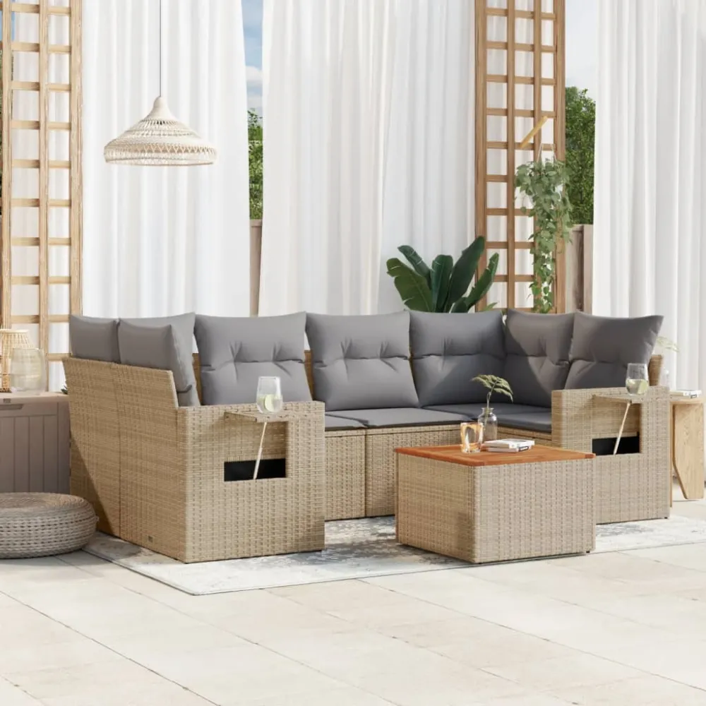 7-delige Loungeset met kussens poly rattan beige vidaXL
