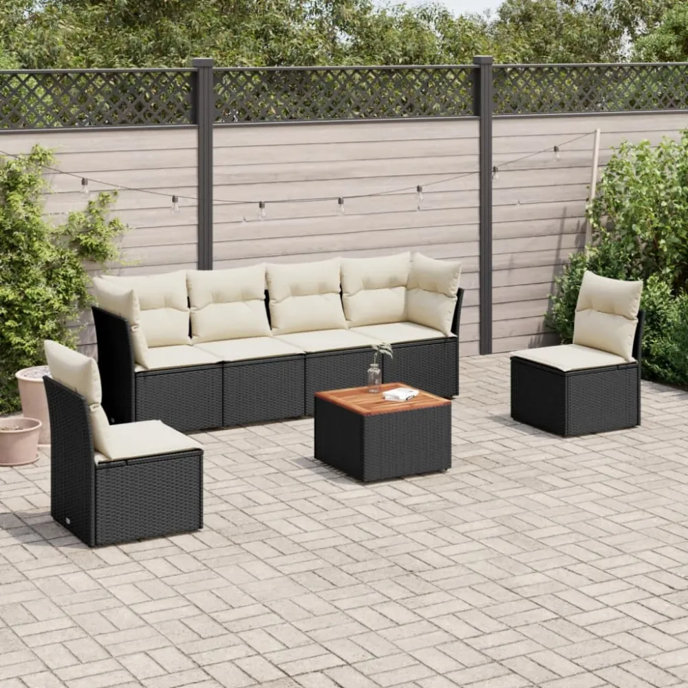 7-delige Loungeset met kussens poly rattan zwart vidaXL