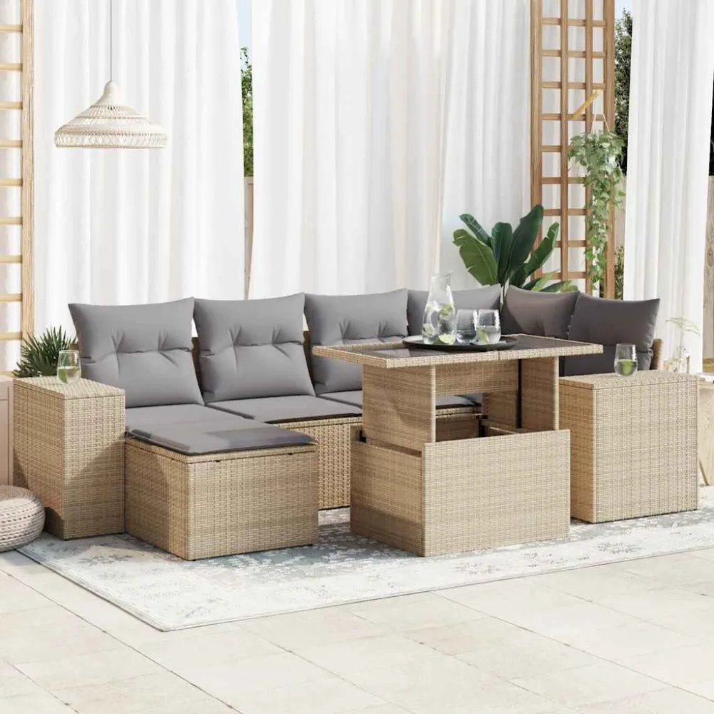 7-delige Loungeset met kussens poly rattan beige vidaXL
