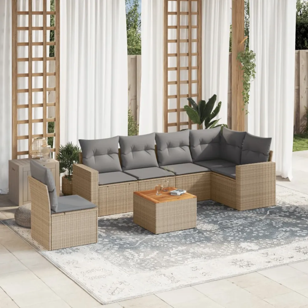 7-delige Loungeset met kussens poly rattan beige vidaXL