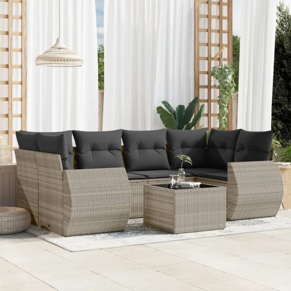7-delige Loungeset met kussens poly rattan lichtgrijs vidaXL
