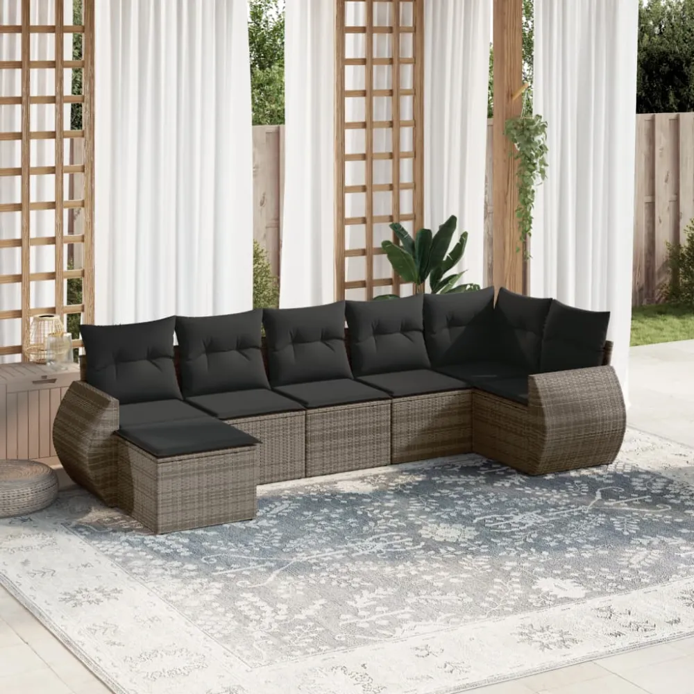 7-delige Loungeset met kussens poly rattan grijs vidaXL