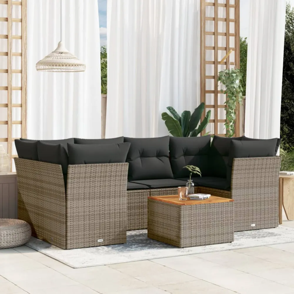 7-delige Loungeset met kussens poly rattan grijs vidaXL
