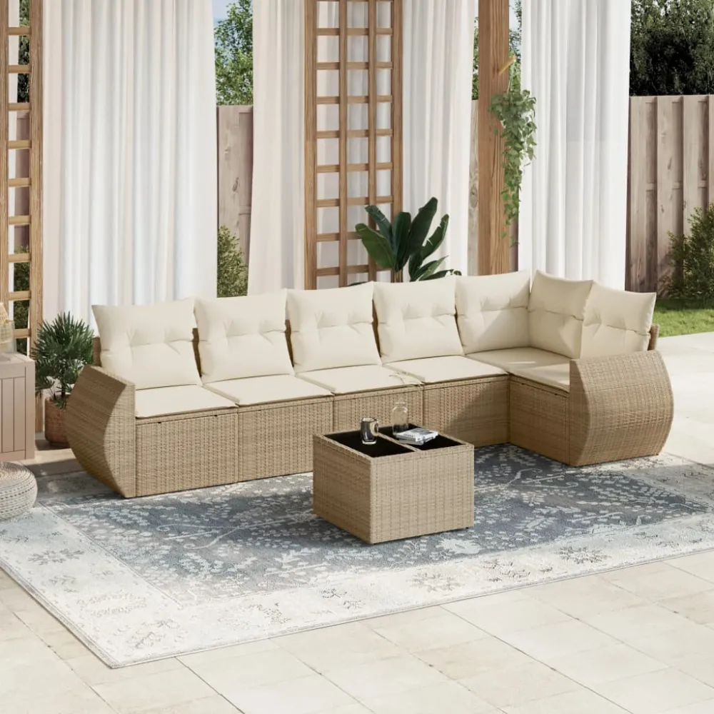 7-delige Loungeset met kussens poly rattan beige vidaXL