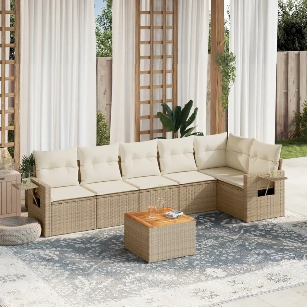 7-delige Loungeset met kussens poly rattan beige vidaXL