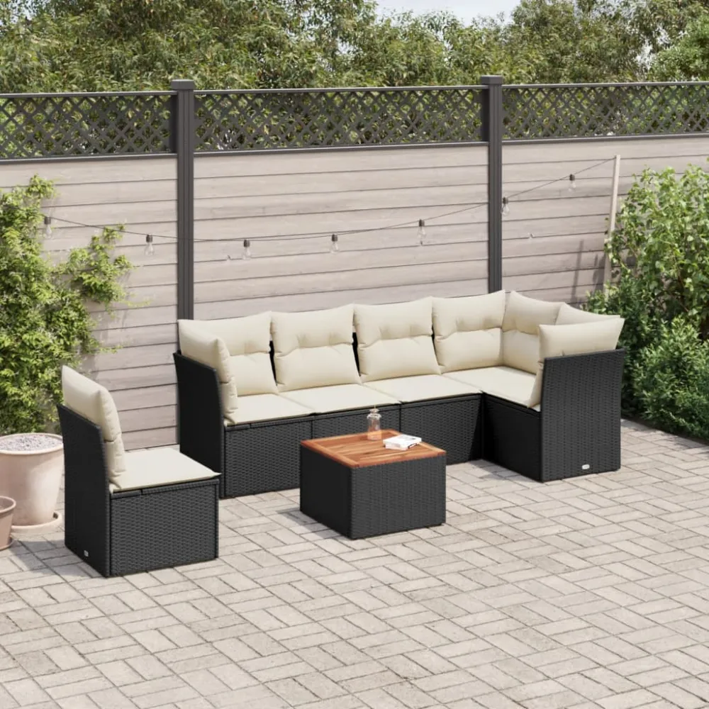 7-delige Loungeset met kussens poly rattan zwart vidaXL