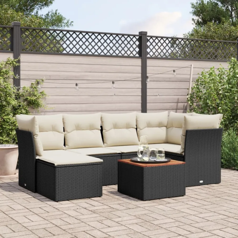 7-delige Loungeset met kussens poly rattan zwart vidaXL