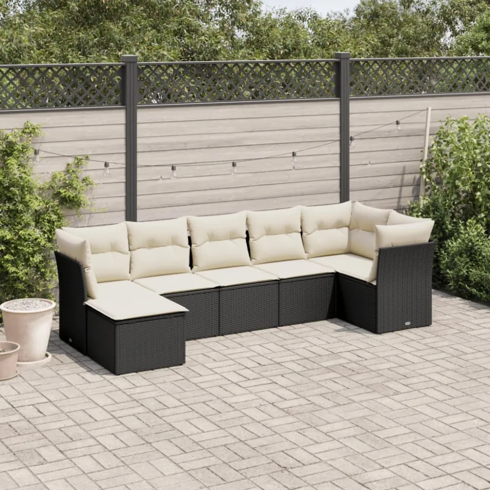 7-delige Loungeset met kussens poly rattan zwart vidaXL