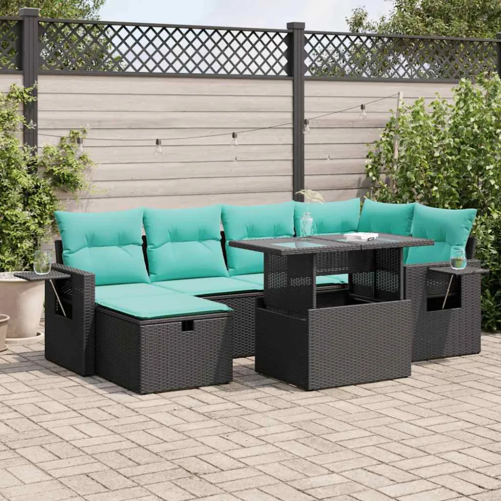 7-delige Loungeset met kussens poly rattan acacia grijs vidaXL