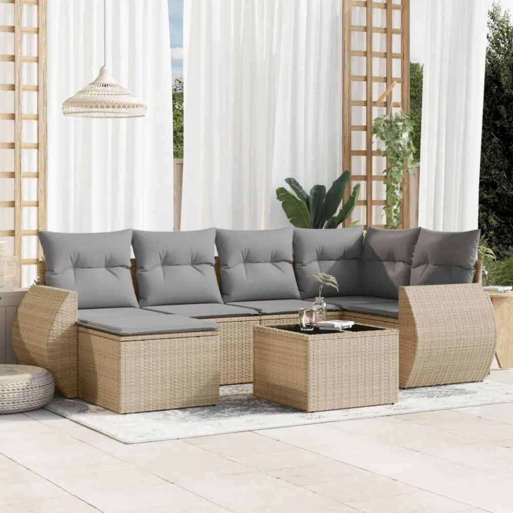 7-delige Loungeset met kussens poly rattan beige vidaXL
