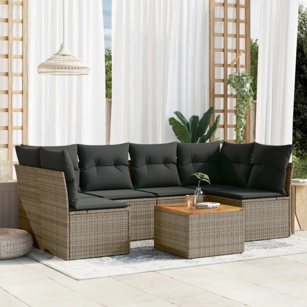 7-delige Loungeset met kussens poly rattan grijs vidaXL