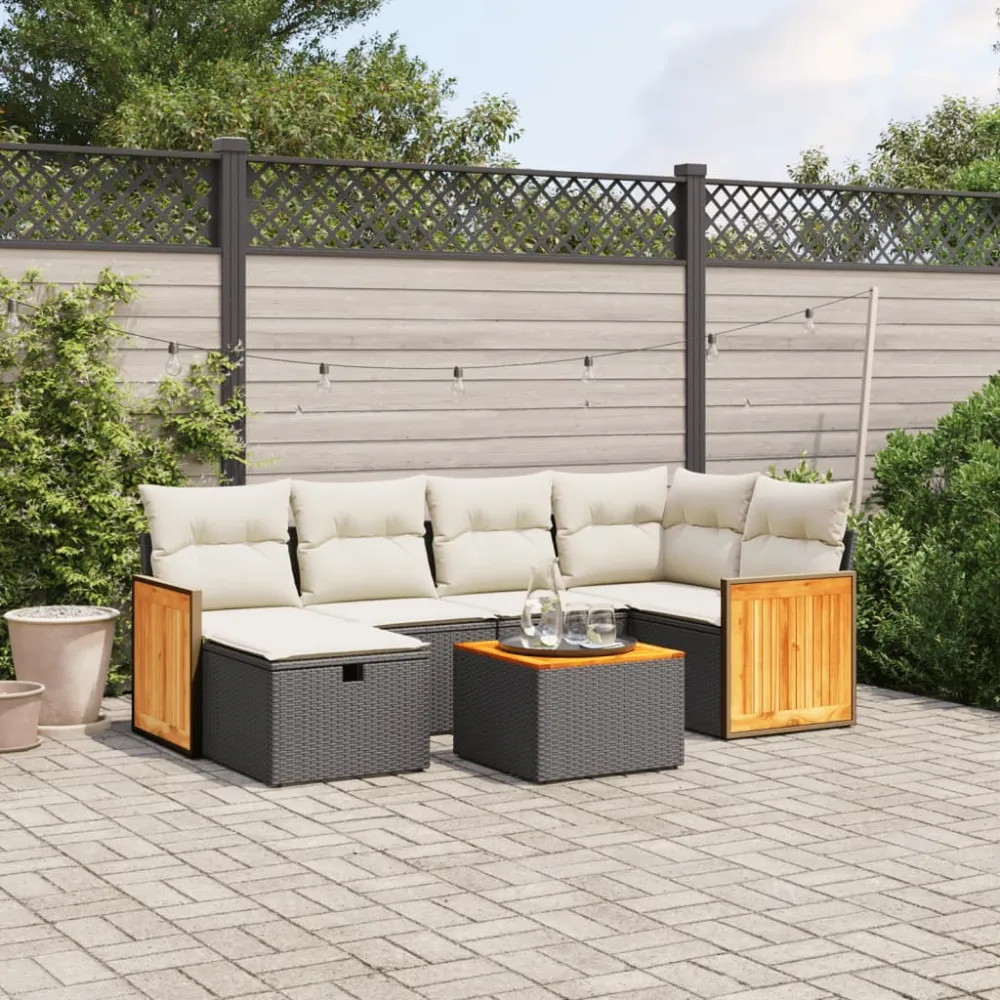 7-delige Loungeset met kussens poly rattan zwart vidaXL