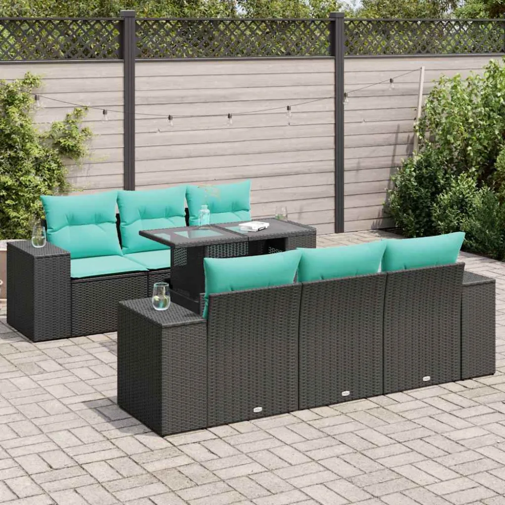 7-delige Loungeset met kussens poly rattan acacia zwart vidaXL