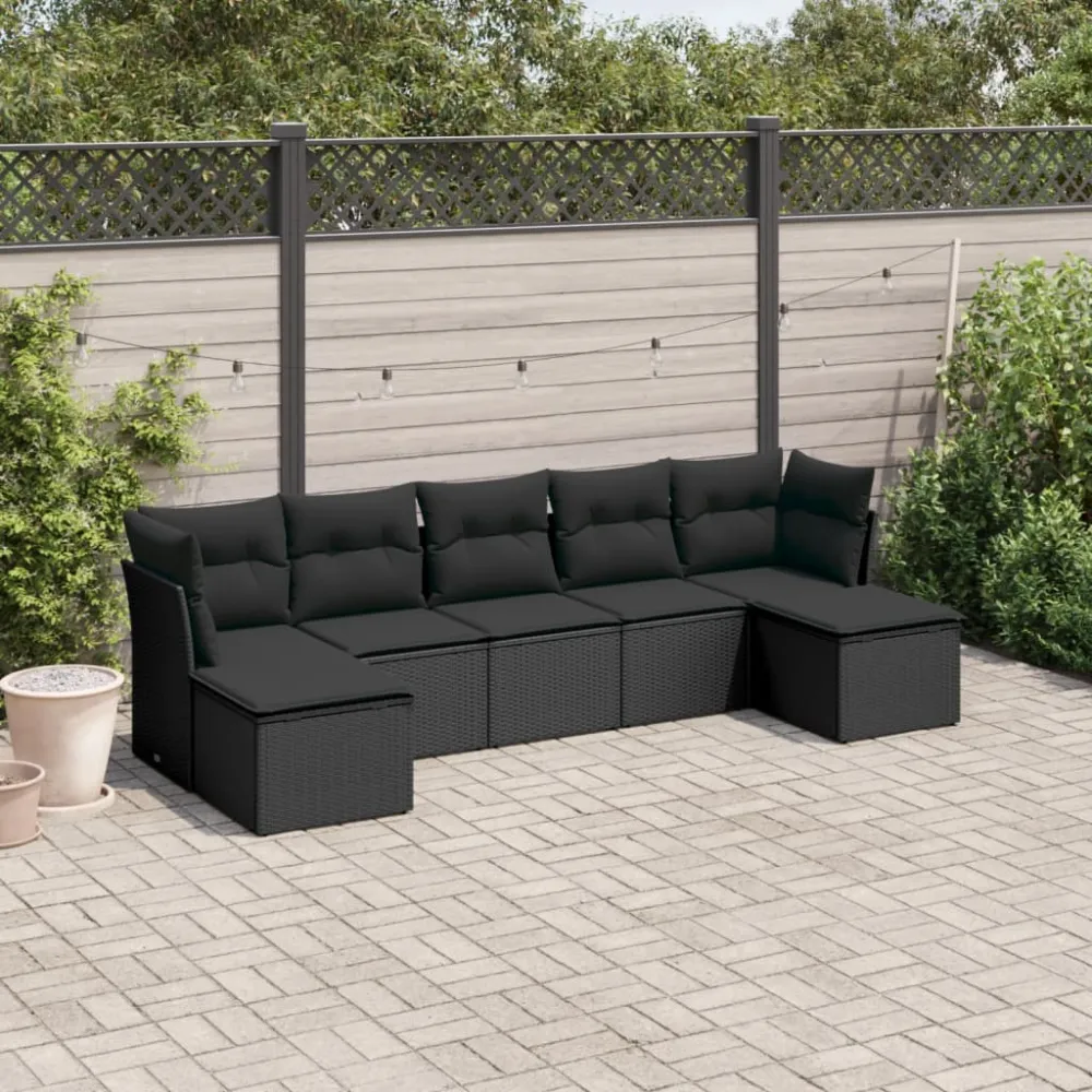 7-delige Loungeset met kussens poly rattan zwart vidaXL